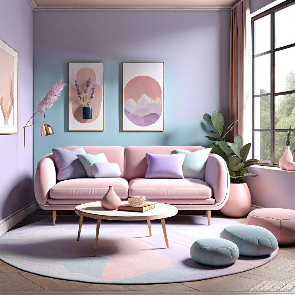 combine the pink sofa with pastel blue or lavender accents for a calming serene palette