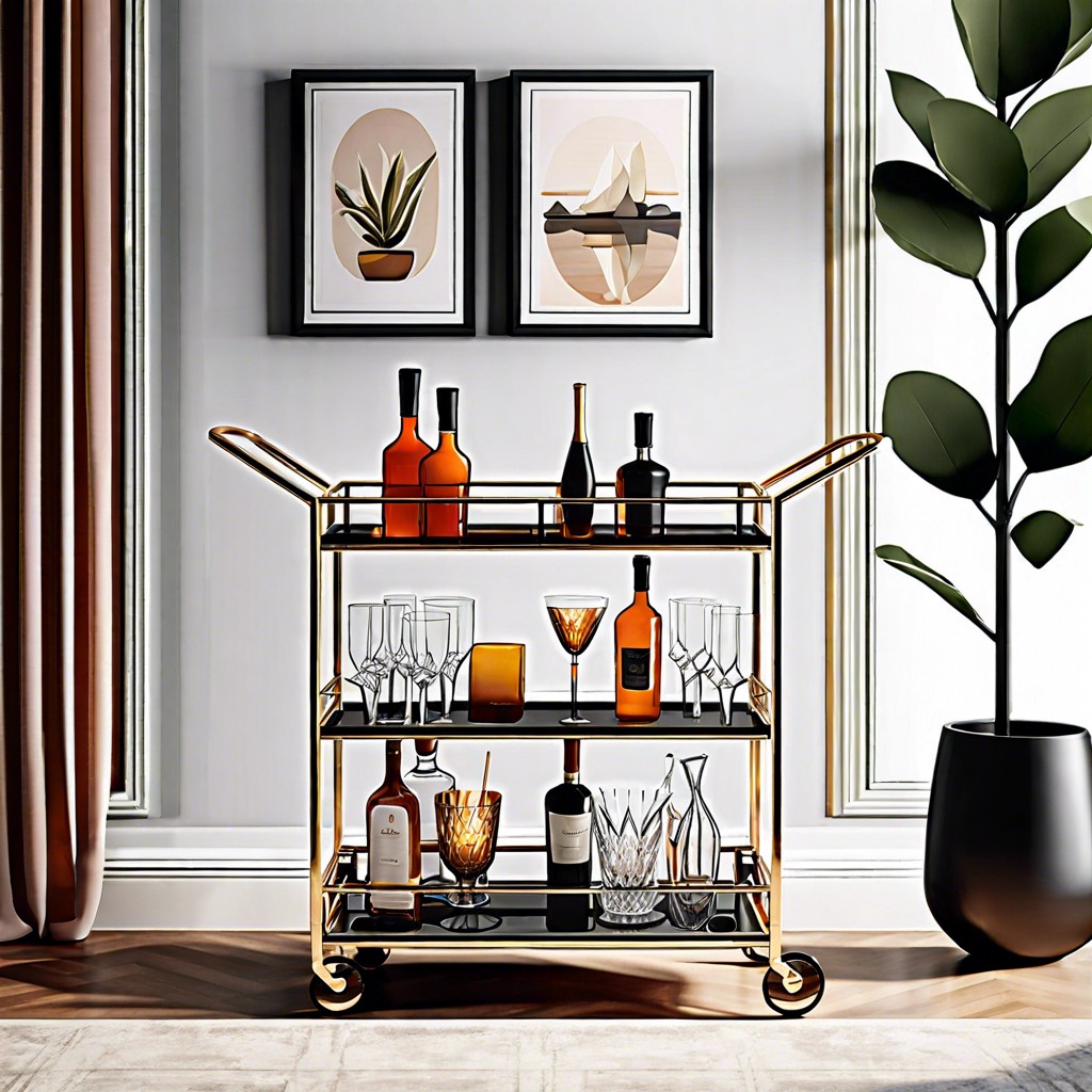 compact bar cart with glassware