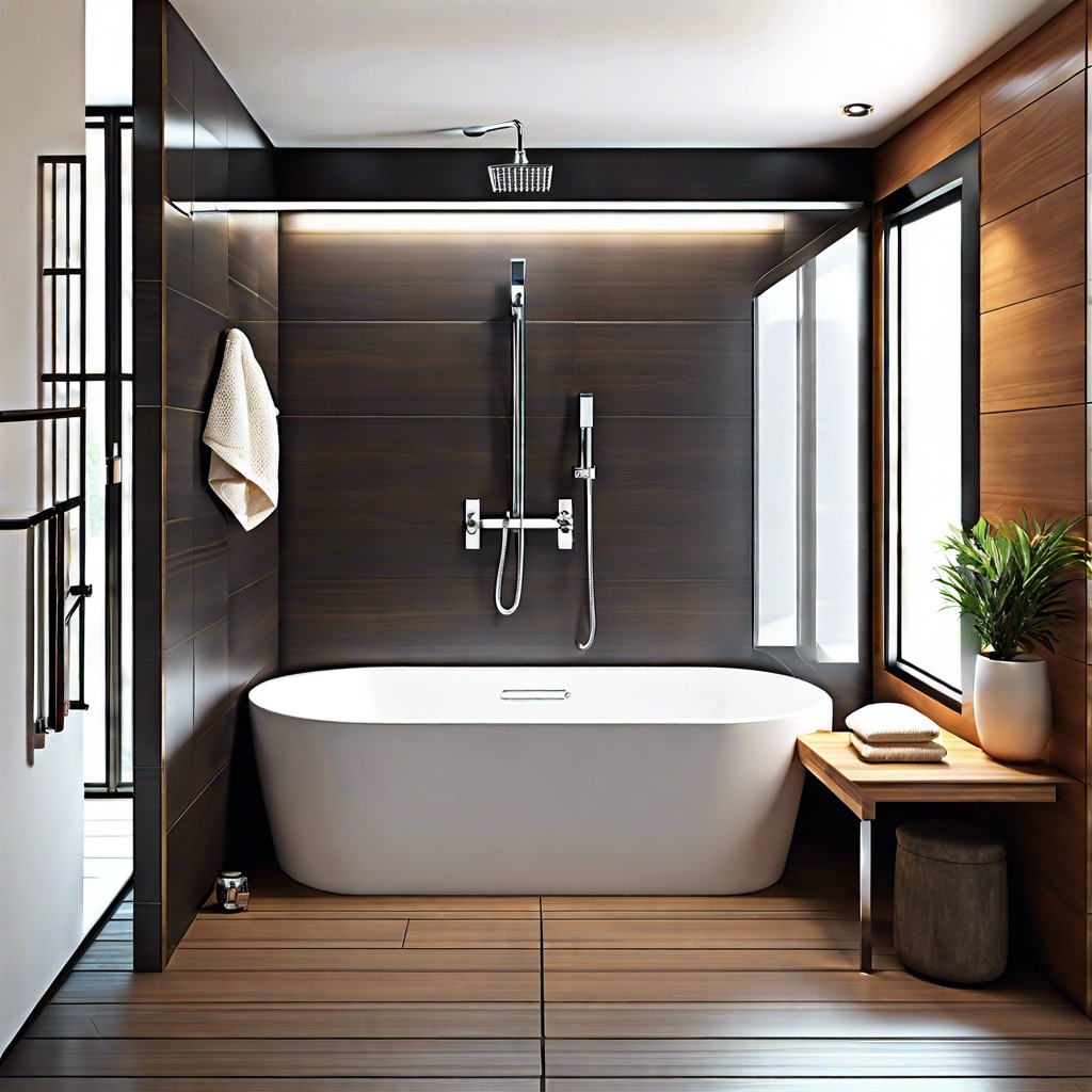 compact solution with a built in bathtub and overhead shower in a streamlined alcove