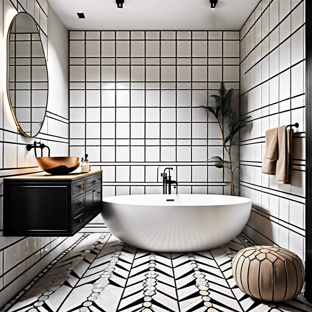 contemporary art deco white and black geometric tiles with luxurious velvet touches