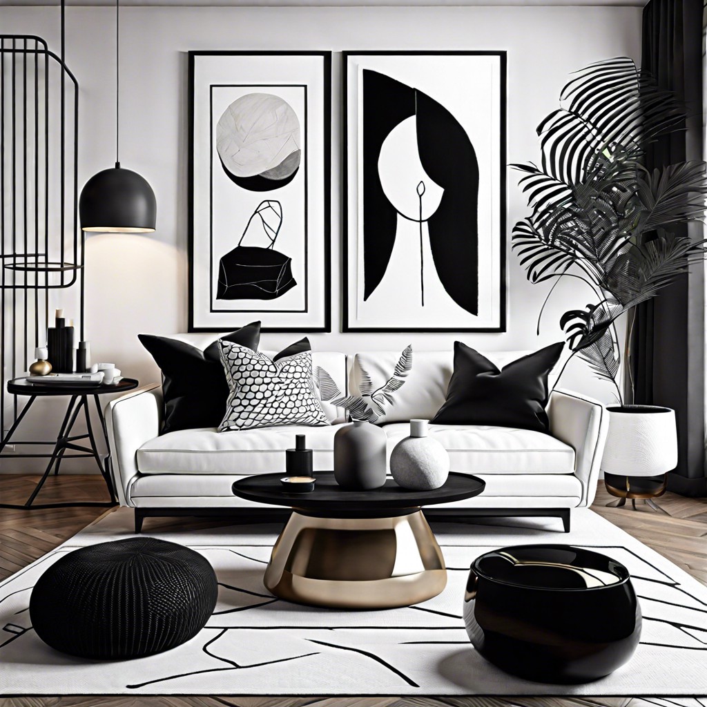 contemporary black and white theme with abstract art and high contrast accessories