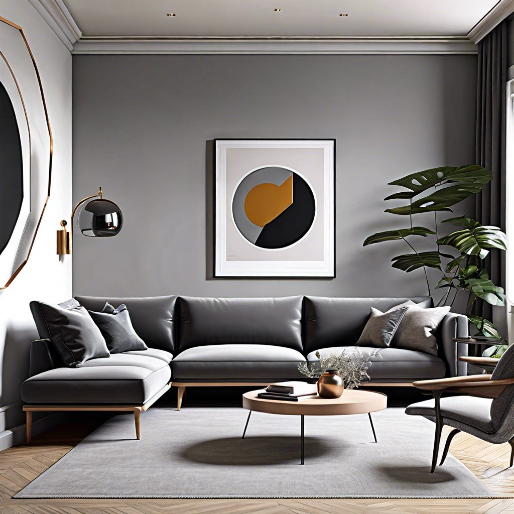 contemporary chic with a sleek grey sofa and minimalist art