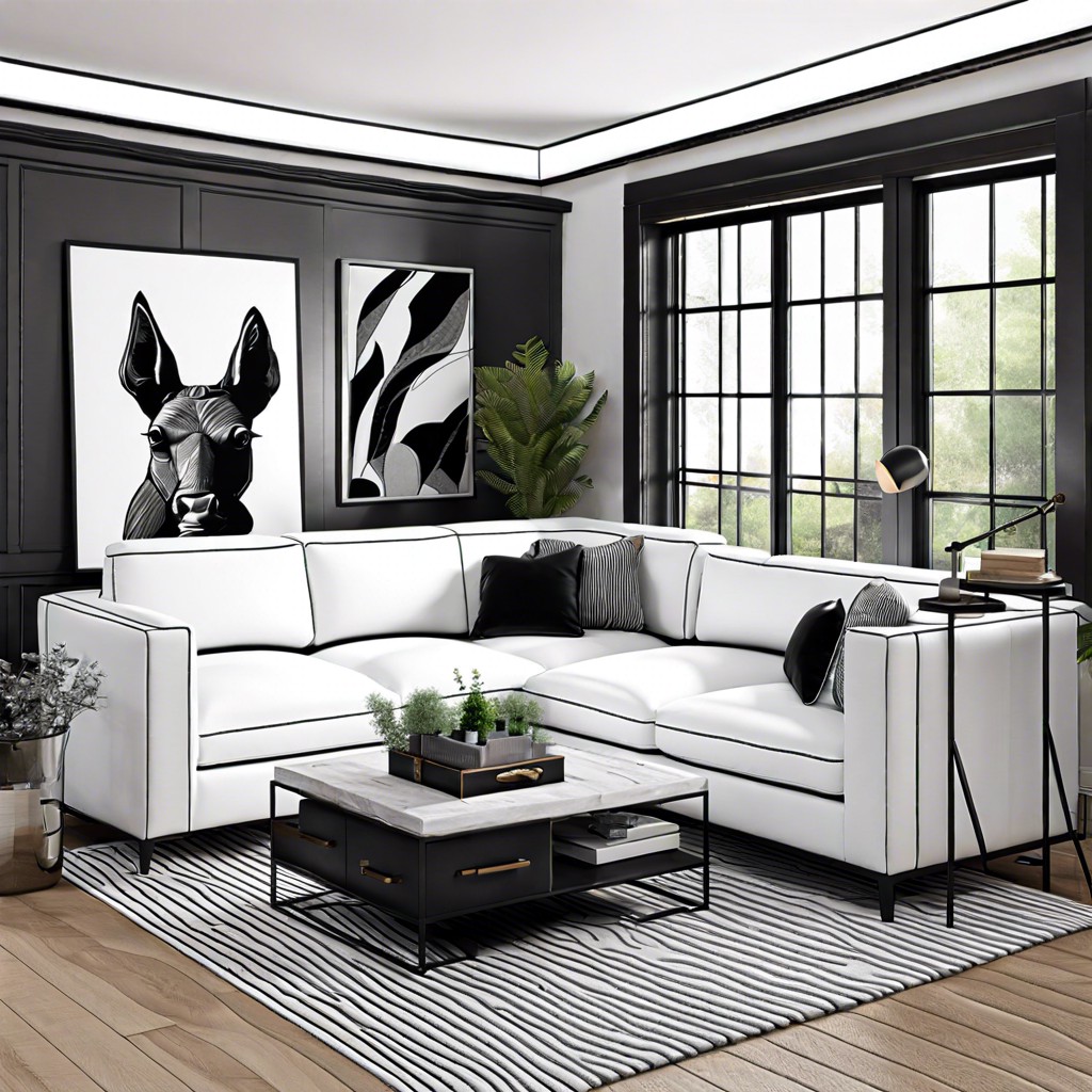 contemporary contrast mix a white leather sectional with black and white monochrome accents