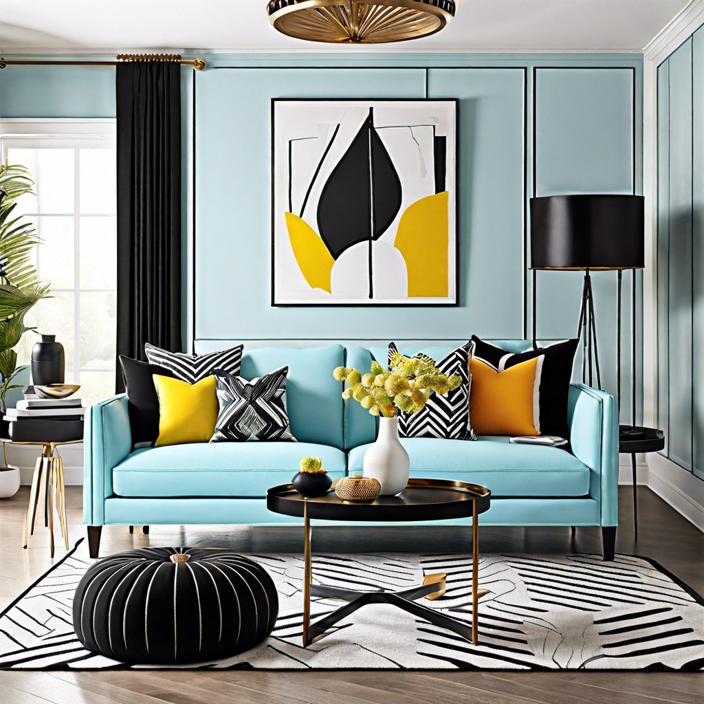 contemporary cool combine a light blue couch with sleek black and white furniture and add pops of bright color