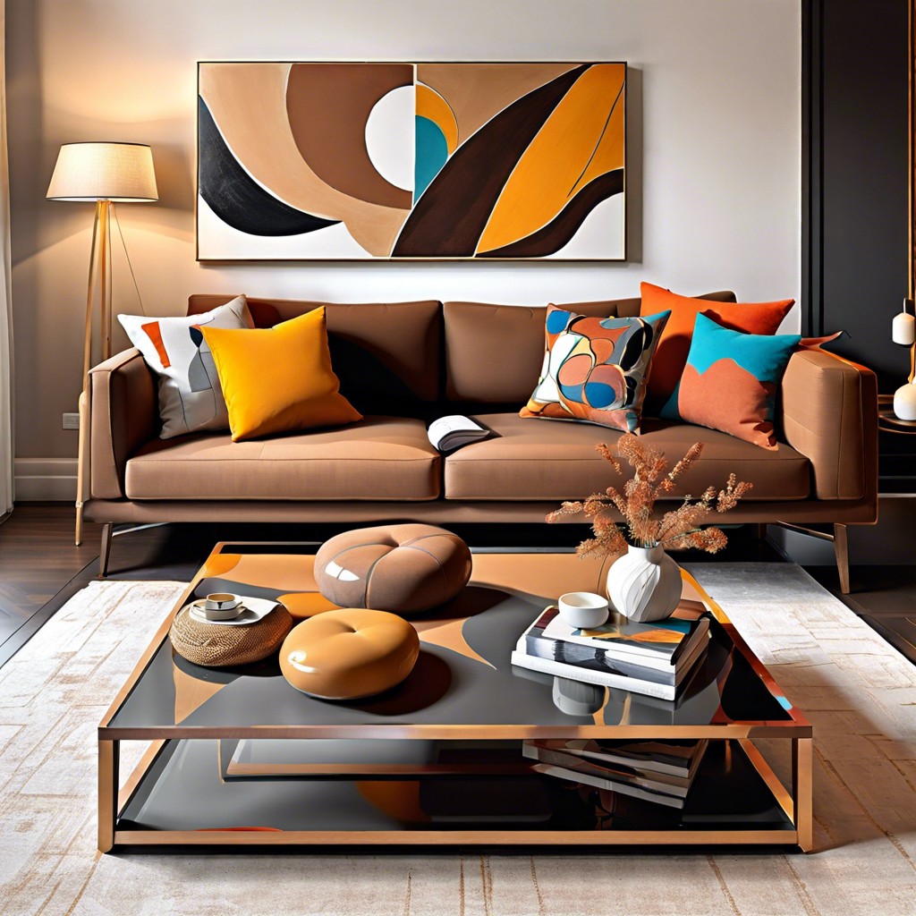 contrast with bright throw pillows and abstract art