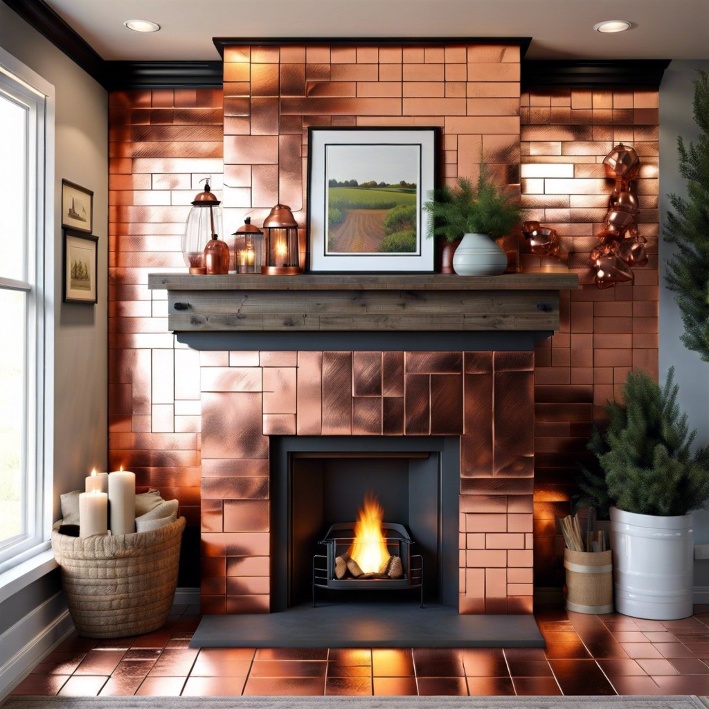 copper tiles for a shimmering reflective fireplace surround