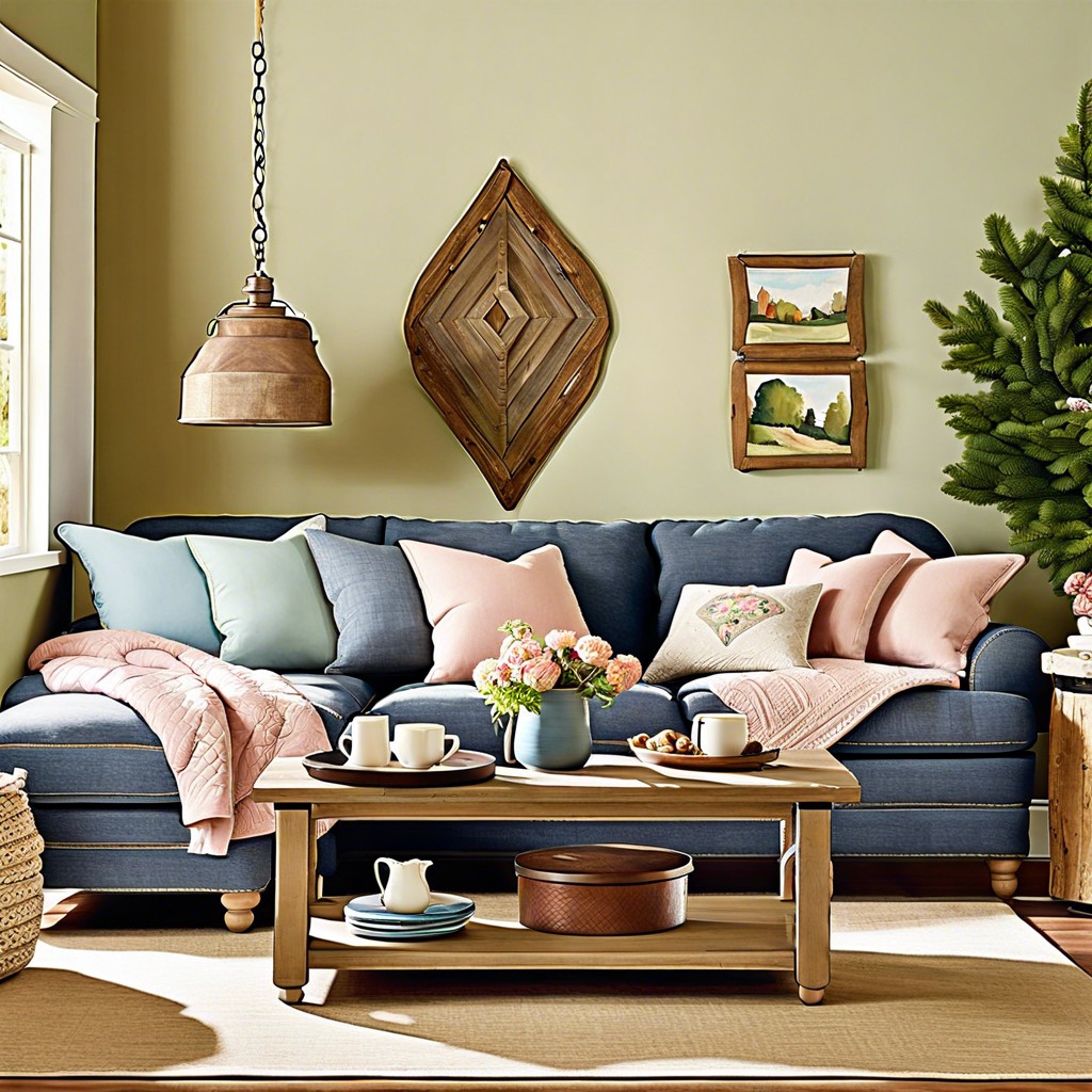 cottage cozy style with pastel colors quilted throws and rustic coffee tables