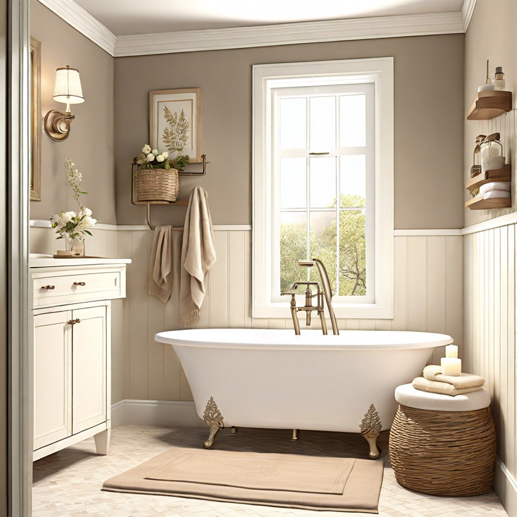 cottage style shower with soft taupe and ivory blends