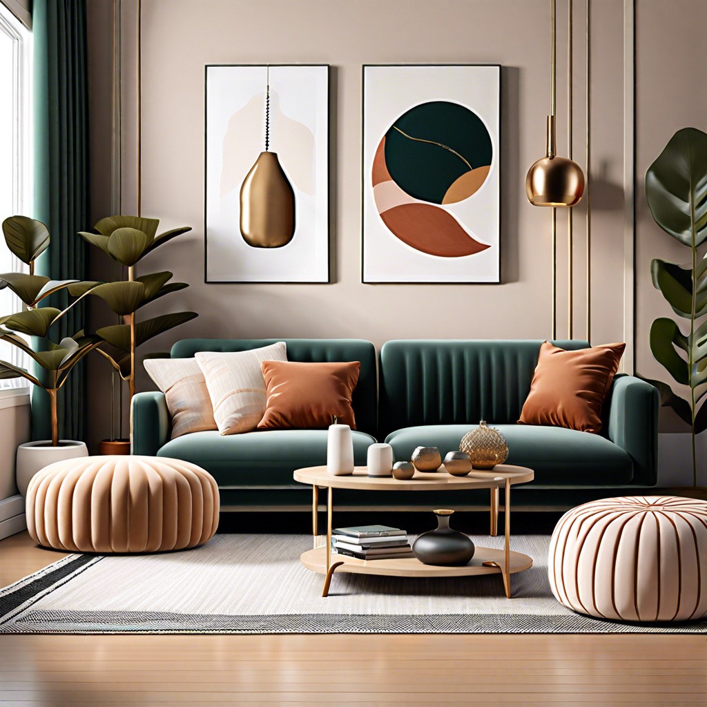 couch with coordinating poufs