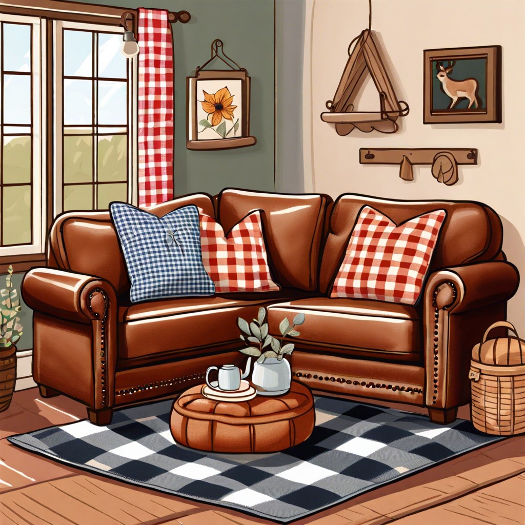 country charm pair a plush leather sofa with gingham prints and cozy quilts
