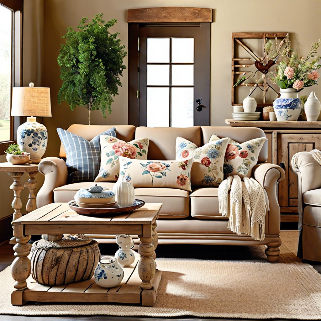 country chic combine the tan couch with floral patterns distressed wood and handmade ceramics