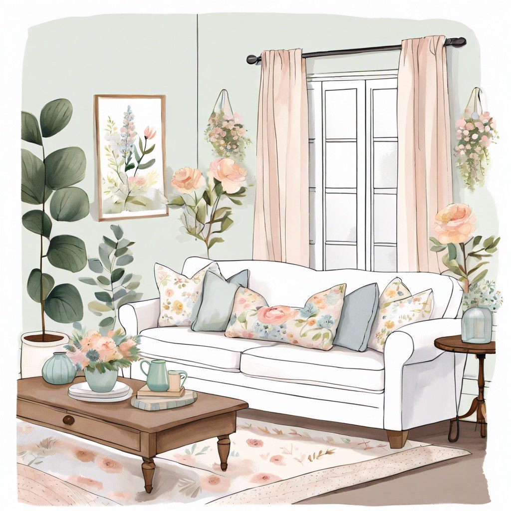 cozy cottage style with a white slipcovered sofa soft pastels and floral patterns