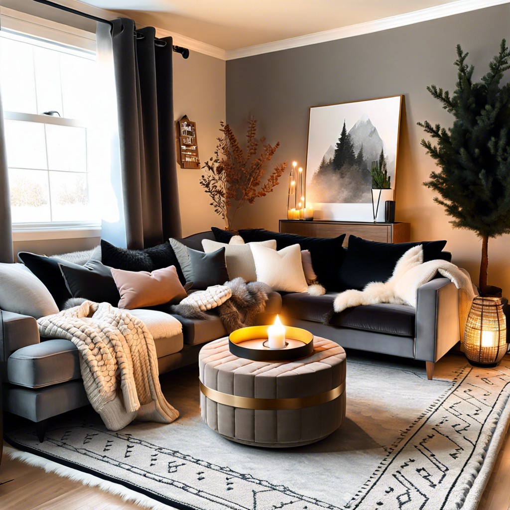 cozy hygge with layered textures and warm lighting