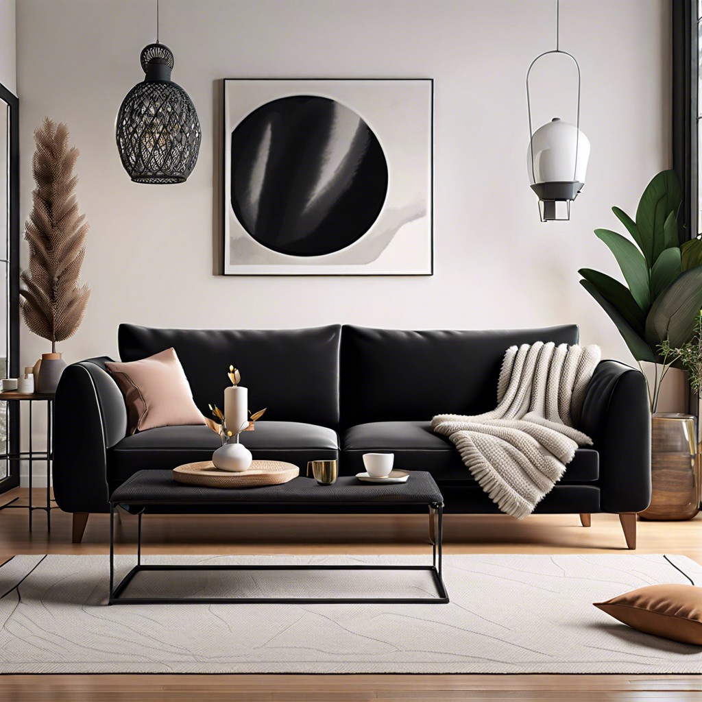 cozy textures layer plush throws and textured pillows on the black sofa