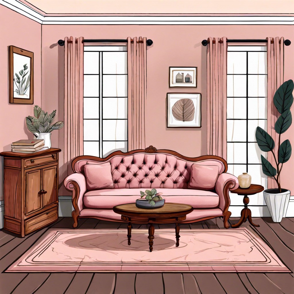 create a vintage vibe with a dusty rose sofa and antique wood furniture