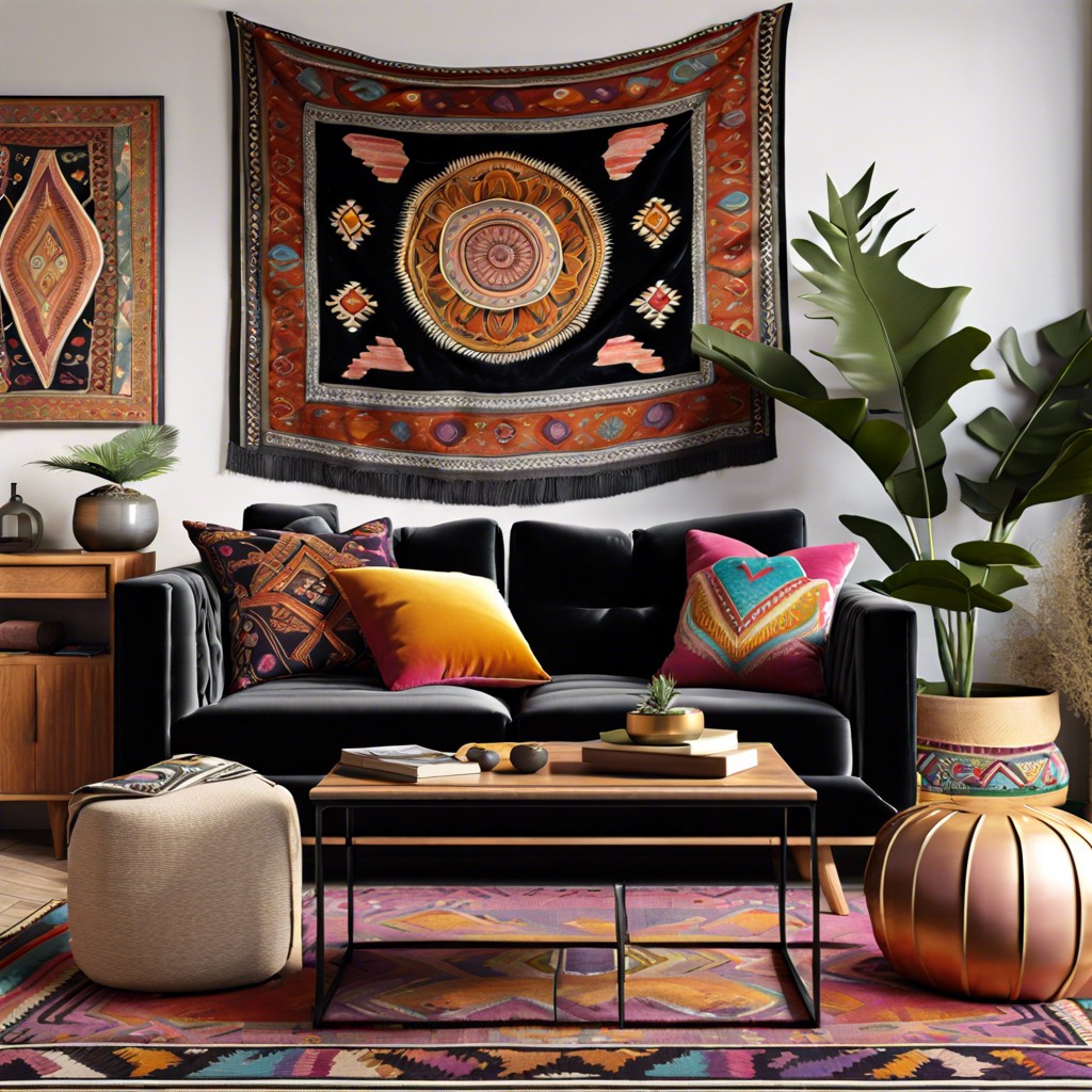 cultural fusion black velvet sofa with eclectic ethnic decor and colorful tapestries