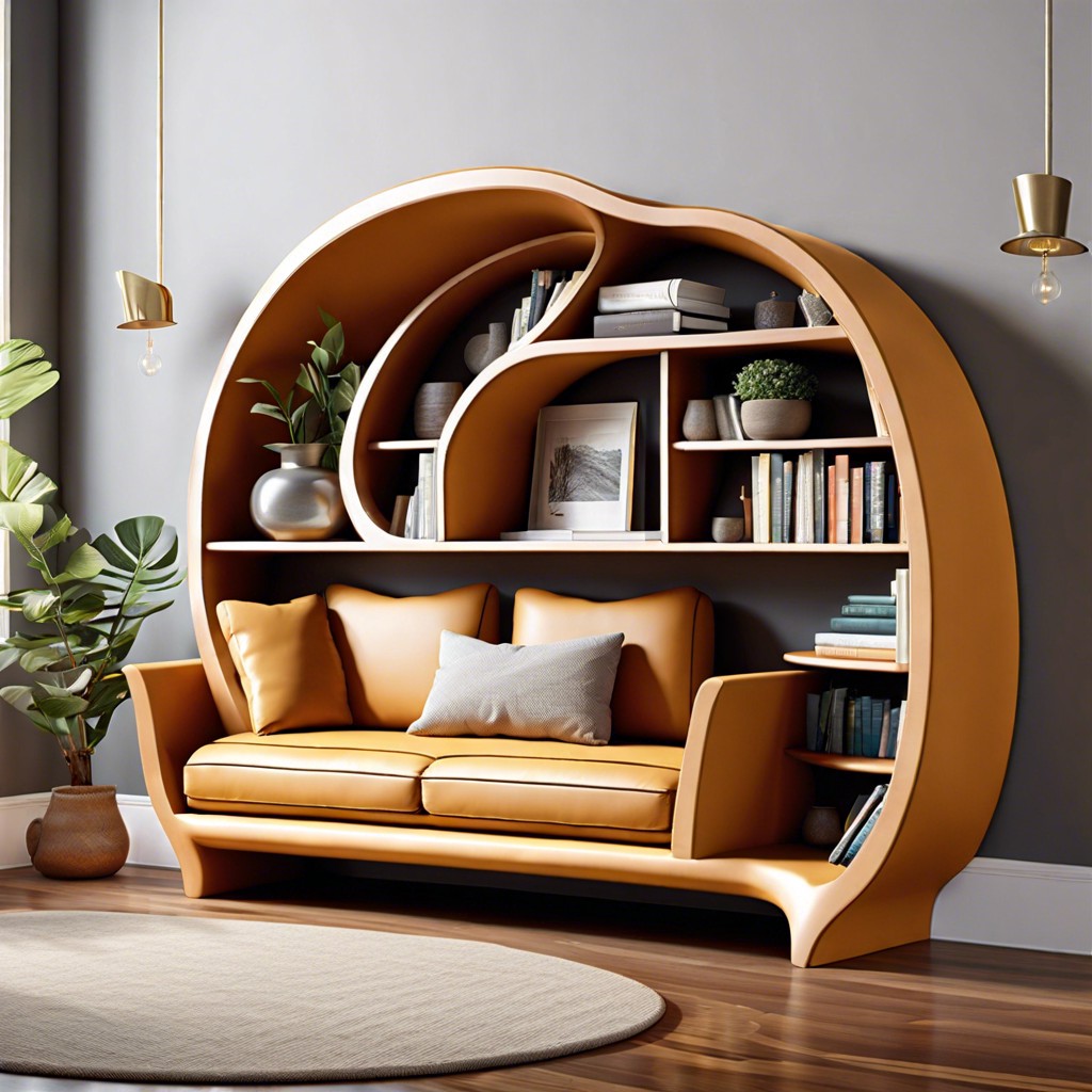 curved shelves design or find a curved bookshelf that mimics the shape of the couch