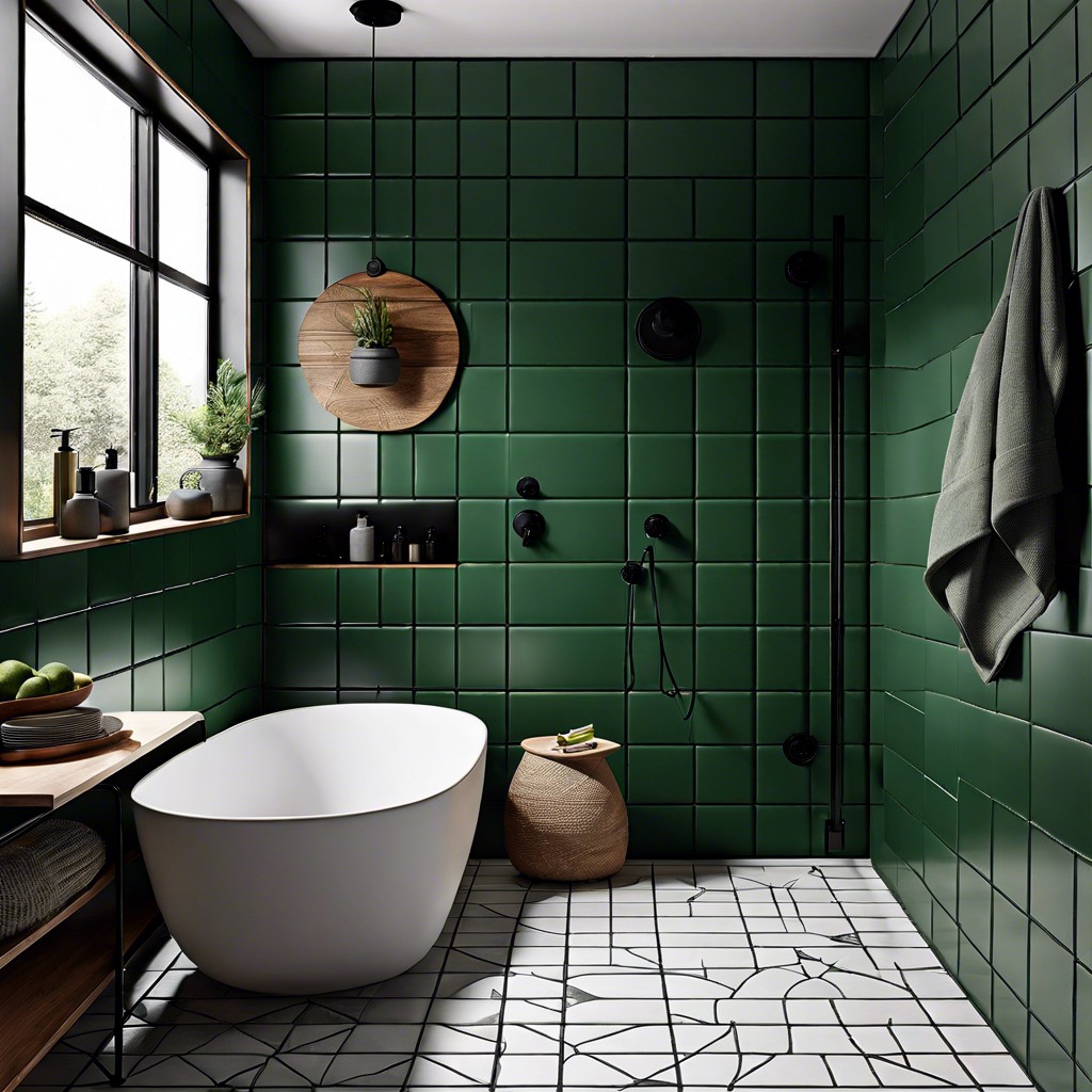 dark green tiles with matte black fixtures