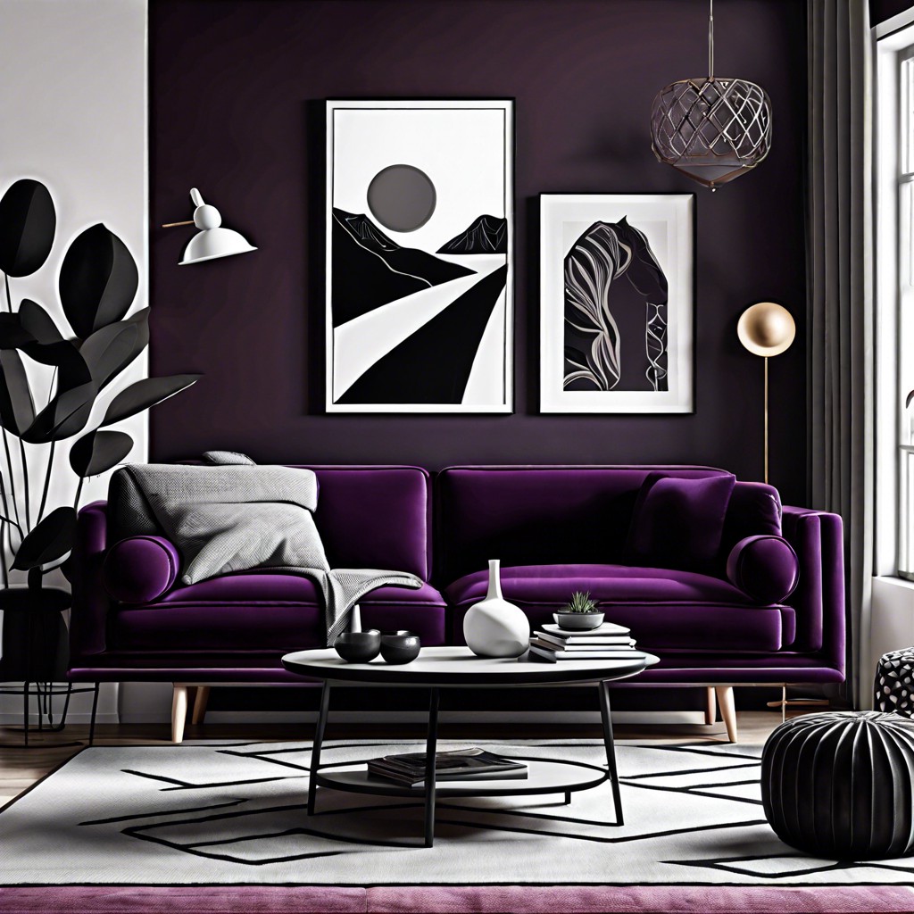 dark plum couch with monochrome art