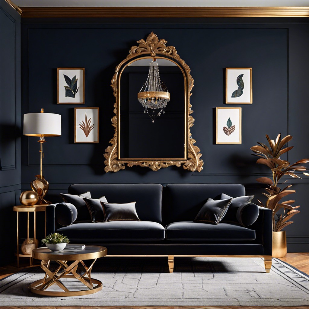 dark walls black velvet sofa against deep navy or charcoal walls with metallic accents