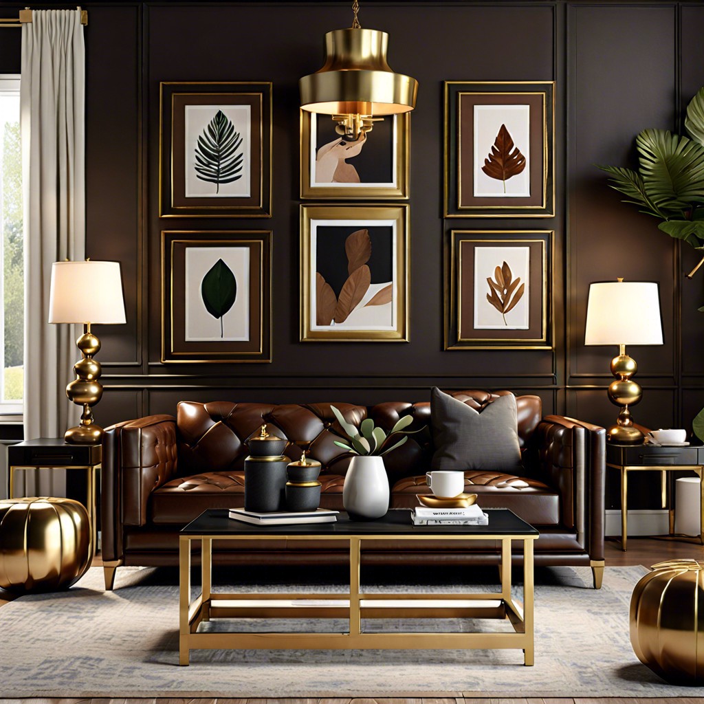 decorate with brass accents like lamps and coffee table frames for a chic look