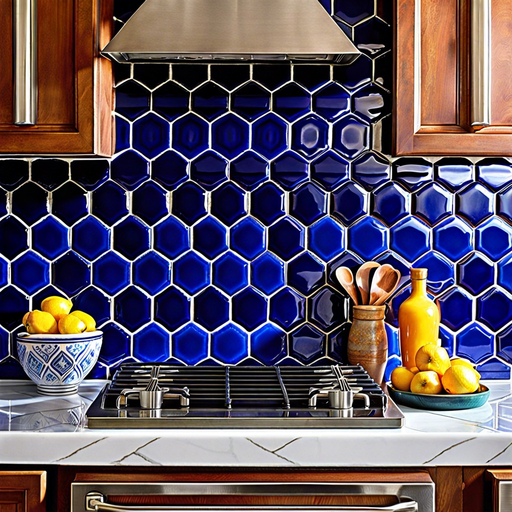 deep blue saltillo tiles with scattered terra cotta accents