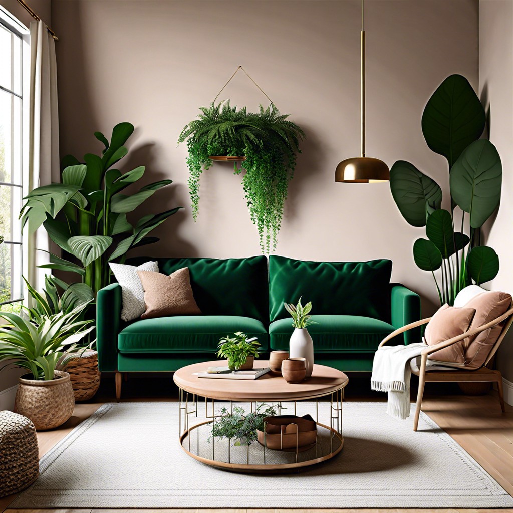 deep green couch amid indoor plants