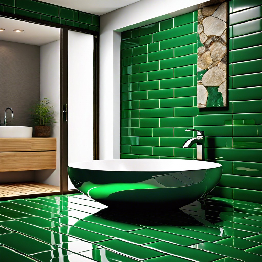 deep green tiles with natural stone basin