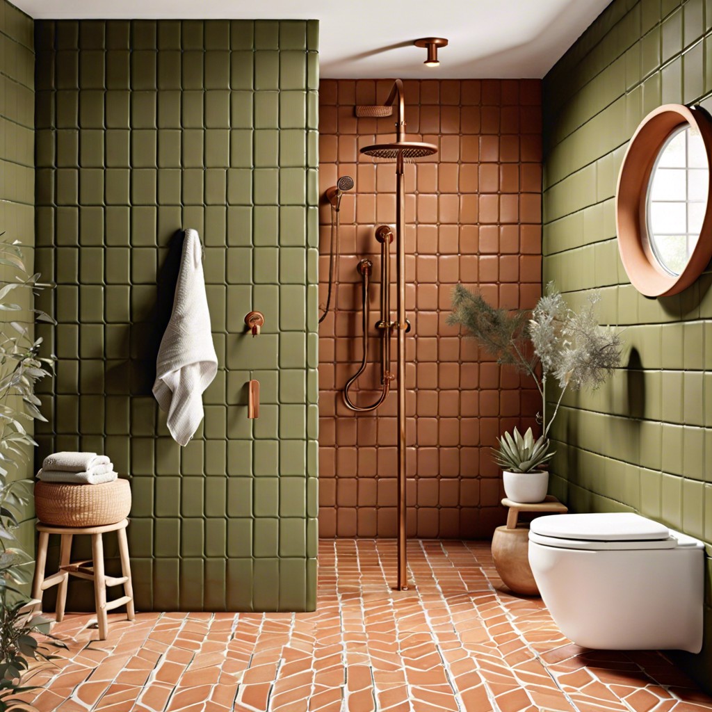 earthy tones combine terracotta and olive green tiles for a natural vibe