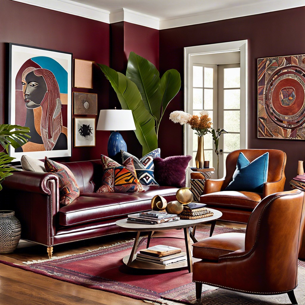 eclectic artistry surround a burgundy leather sofa with diverse art and bold patterns