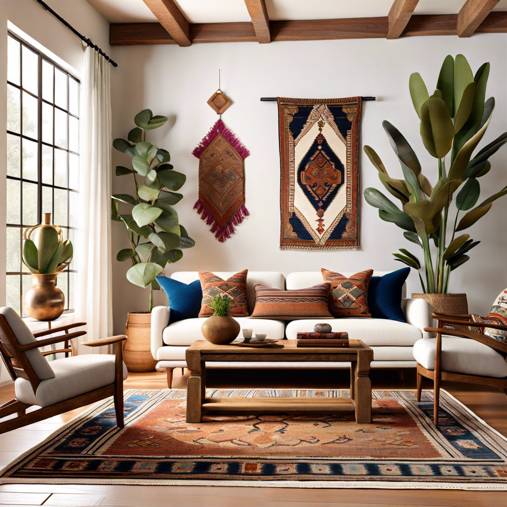 eclectic mix matching a white couch with global inspired rugs and unique antiques
