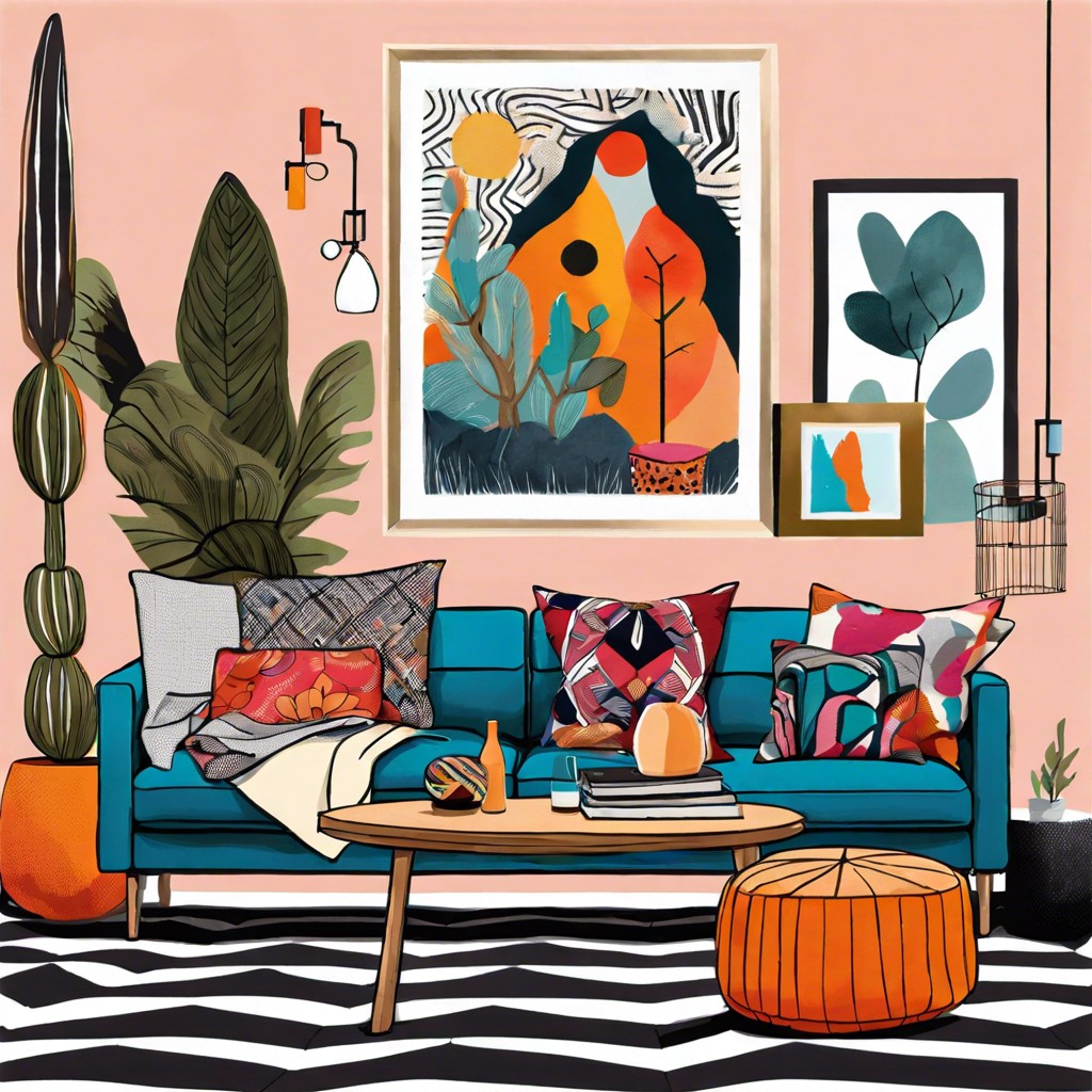 eclectic mix with vibrant art and mismatched textures