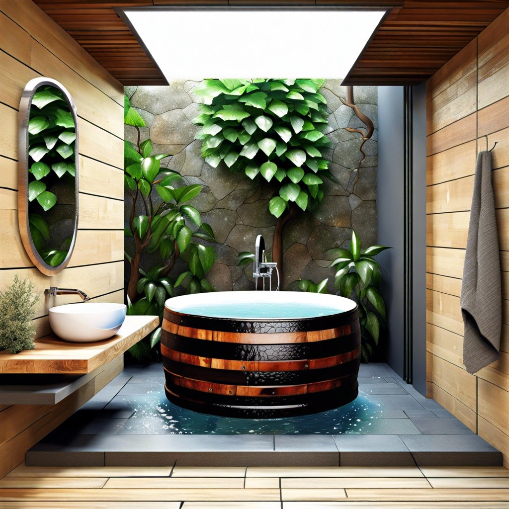 eco friendly design with a recycled barrel tub inside a rainwater shower with natural stone surroundings