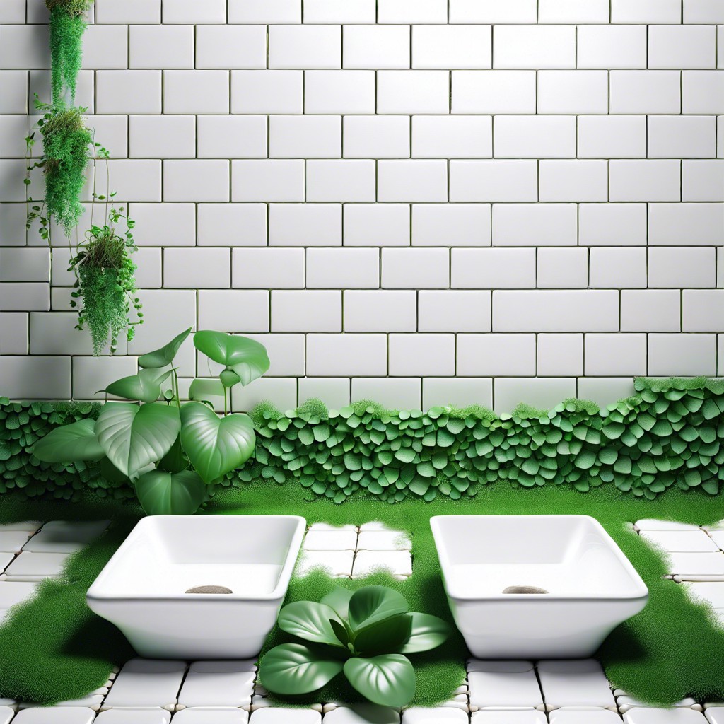 eco friendly recycled white tiles with green plants and natural fibers