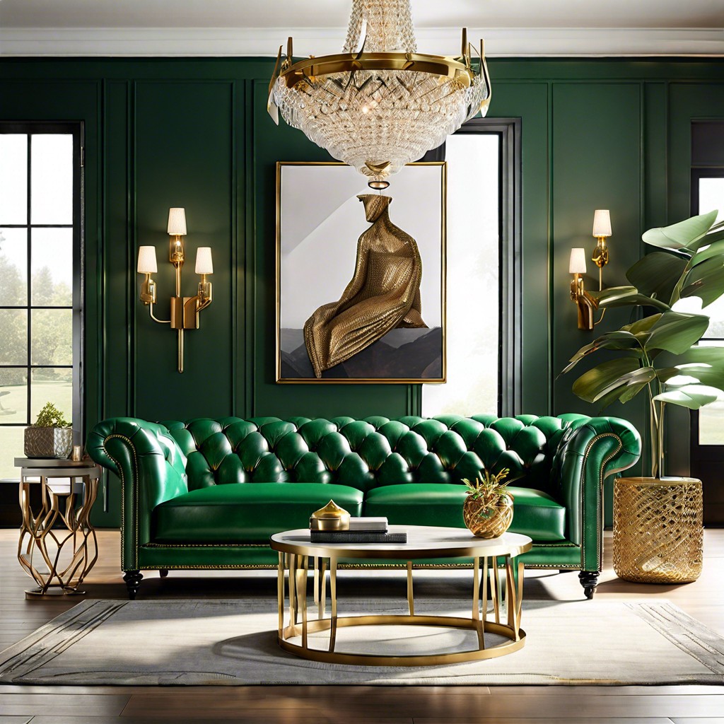 emerald green leather sofa with tufted detailing and gold accents