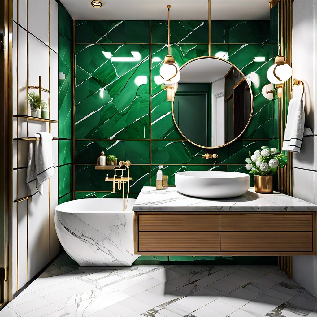 emerald green tiles and white marble countertops