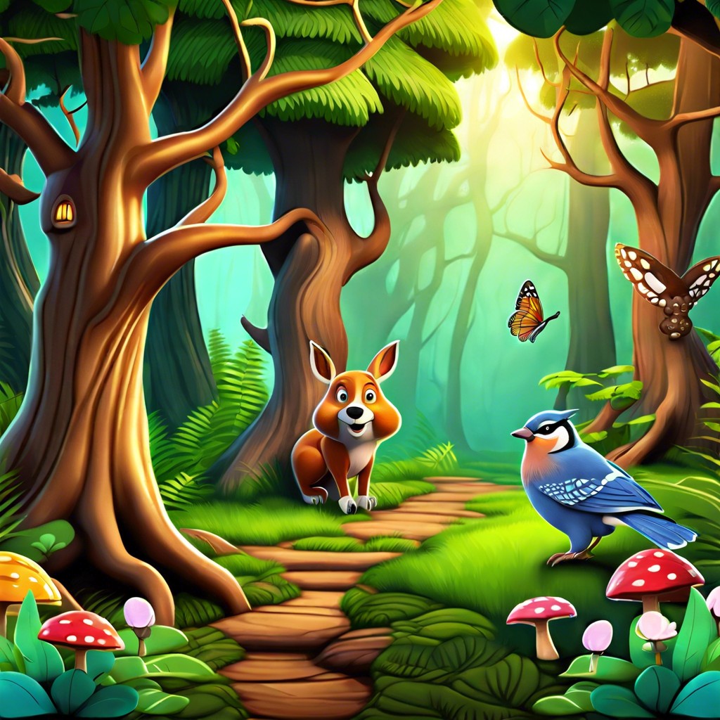 enchanted forest with talking trees and animals