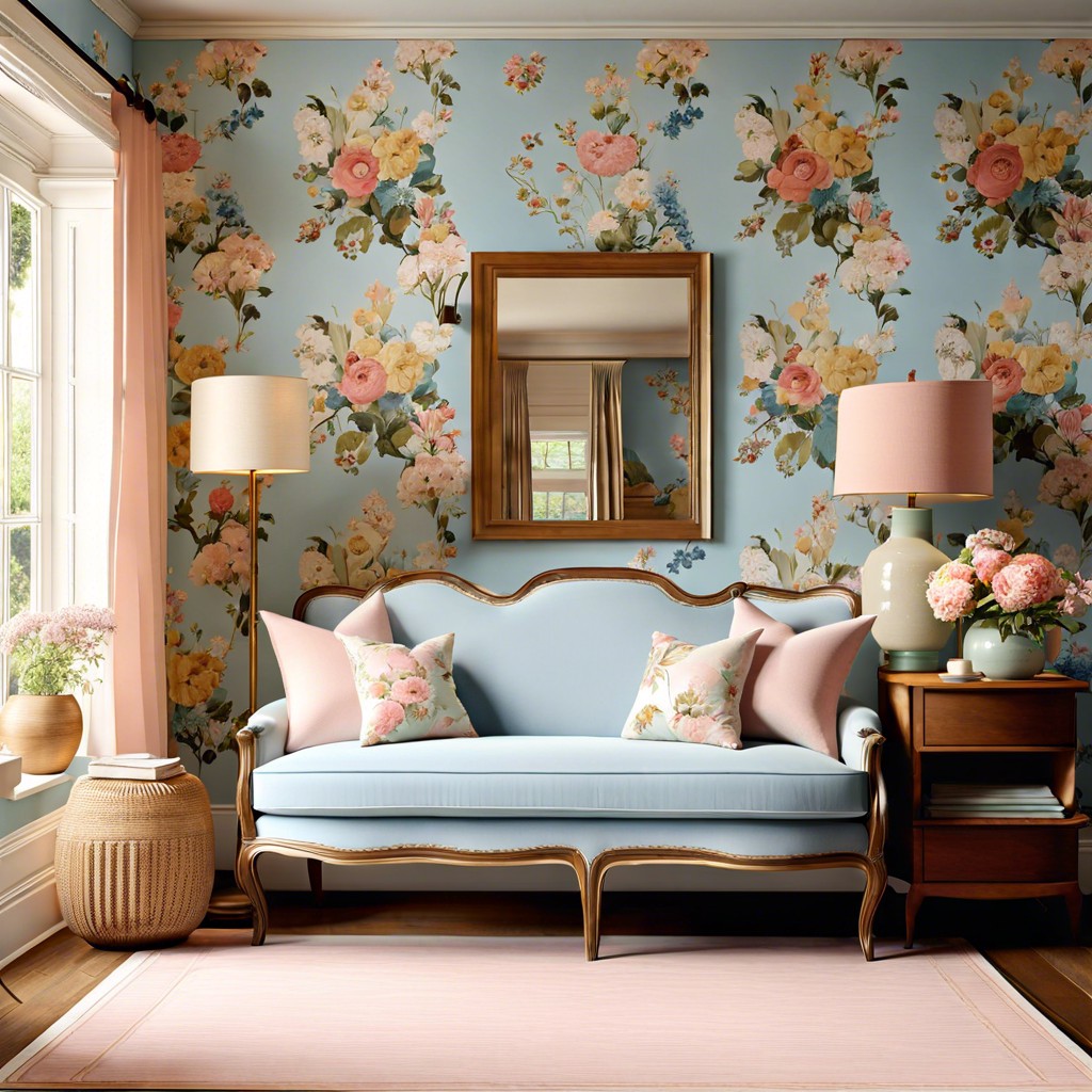 english garden feature a light blue couch with floral wallpapers classic wood furniture and pastel colors