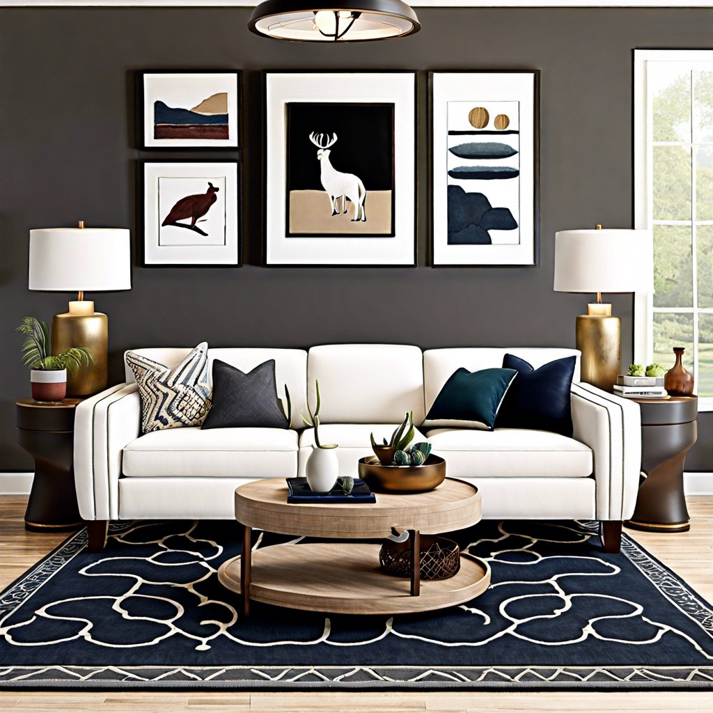 family friendly lounge pair the sofa with durable dark color rugs and playful accents for a practical yet stylish area