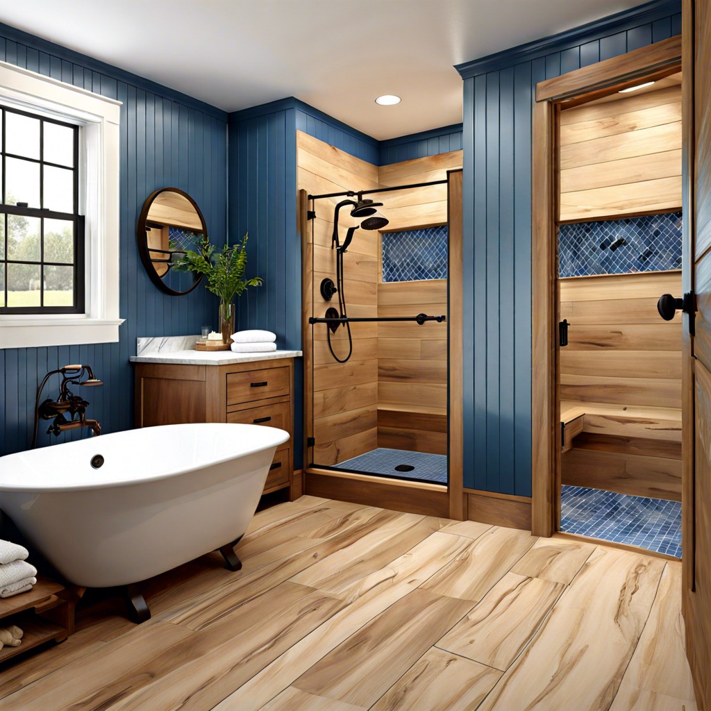 farmhouse blue and wood tile mix