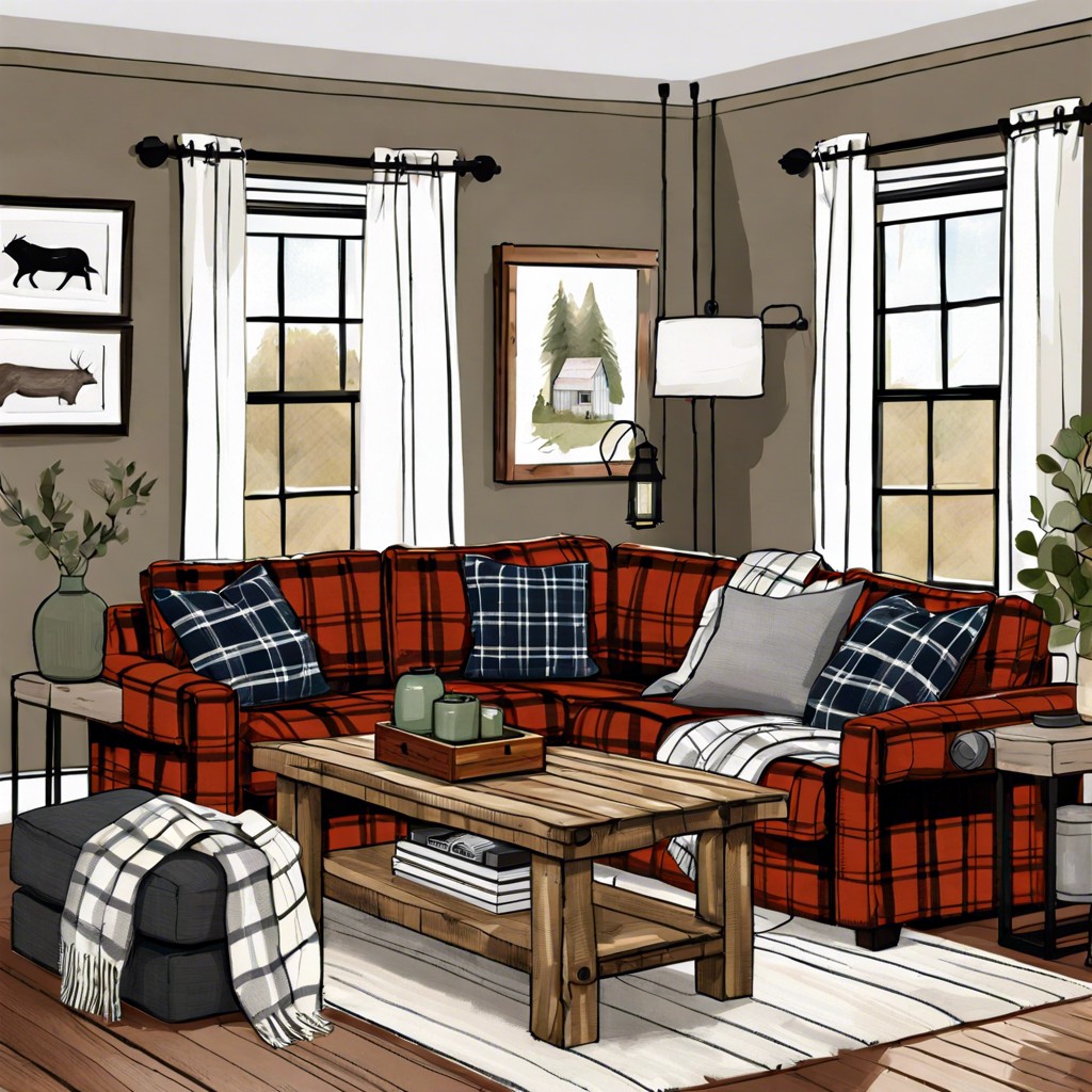 farmhouse charm with plaid throws and distressed wood accents