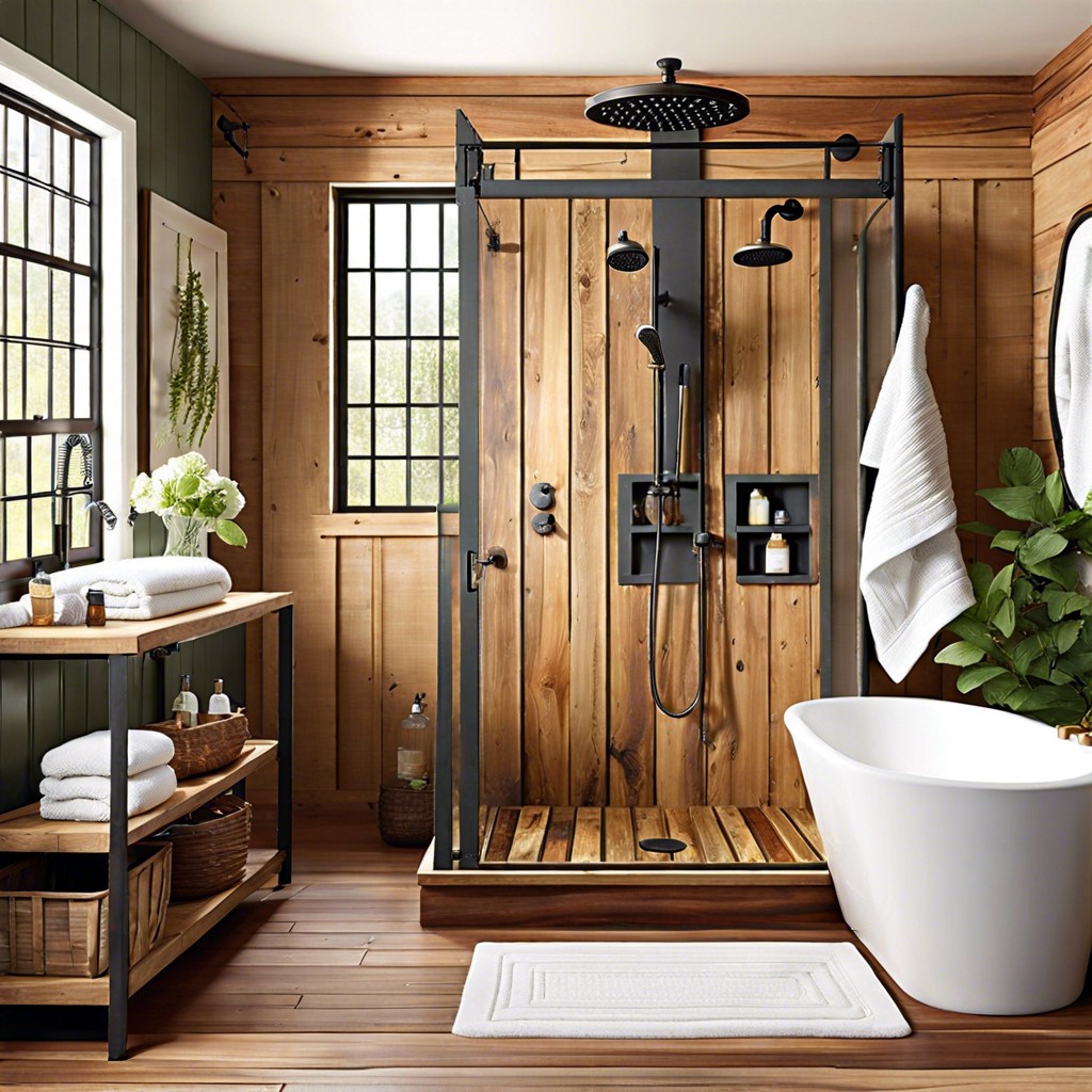 farmhouse style shower with reclaimed timber paneling