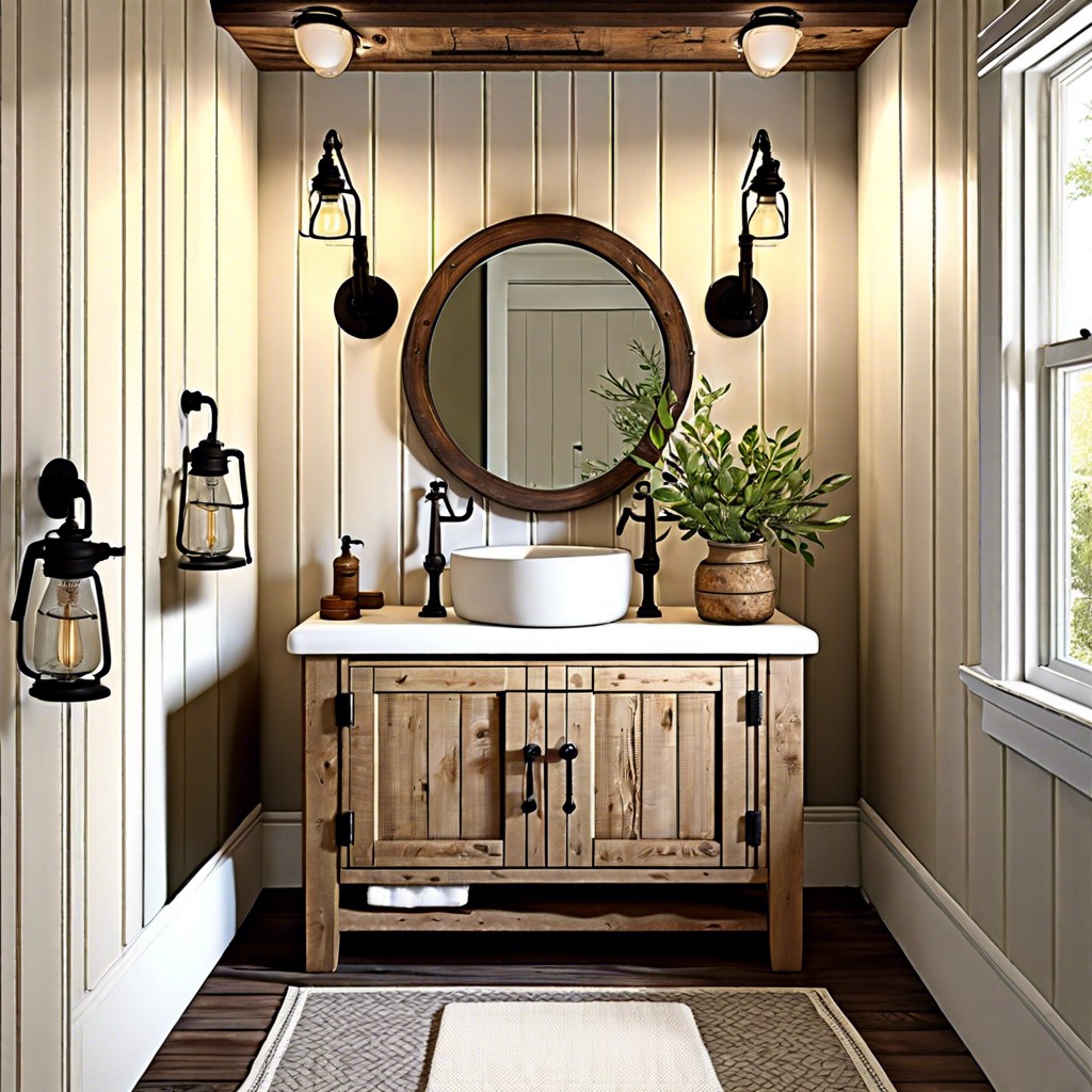 farmhouse style with rustic wood accents and vintage fixtures