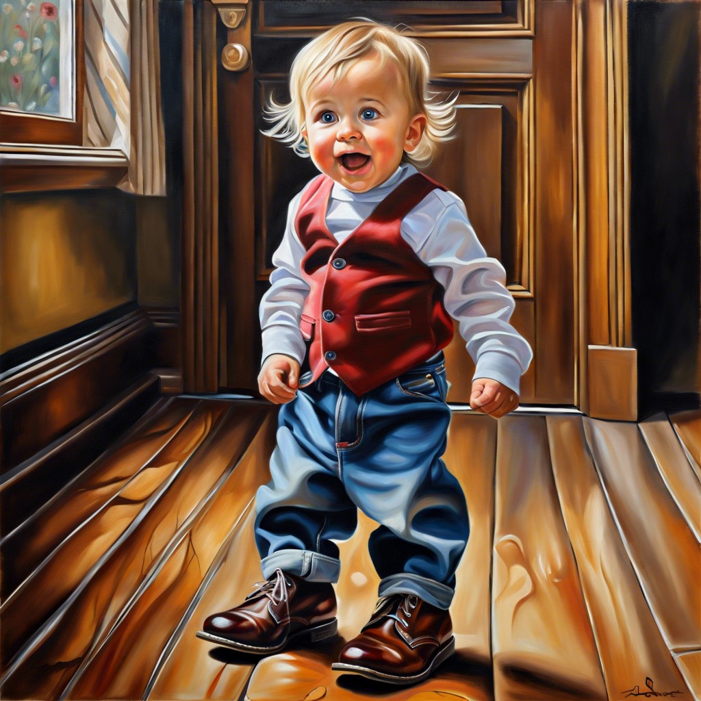 fathers footsteps oil painting of child walking in dads shoes