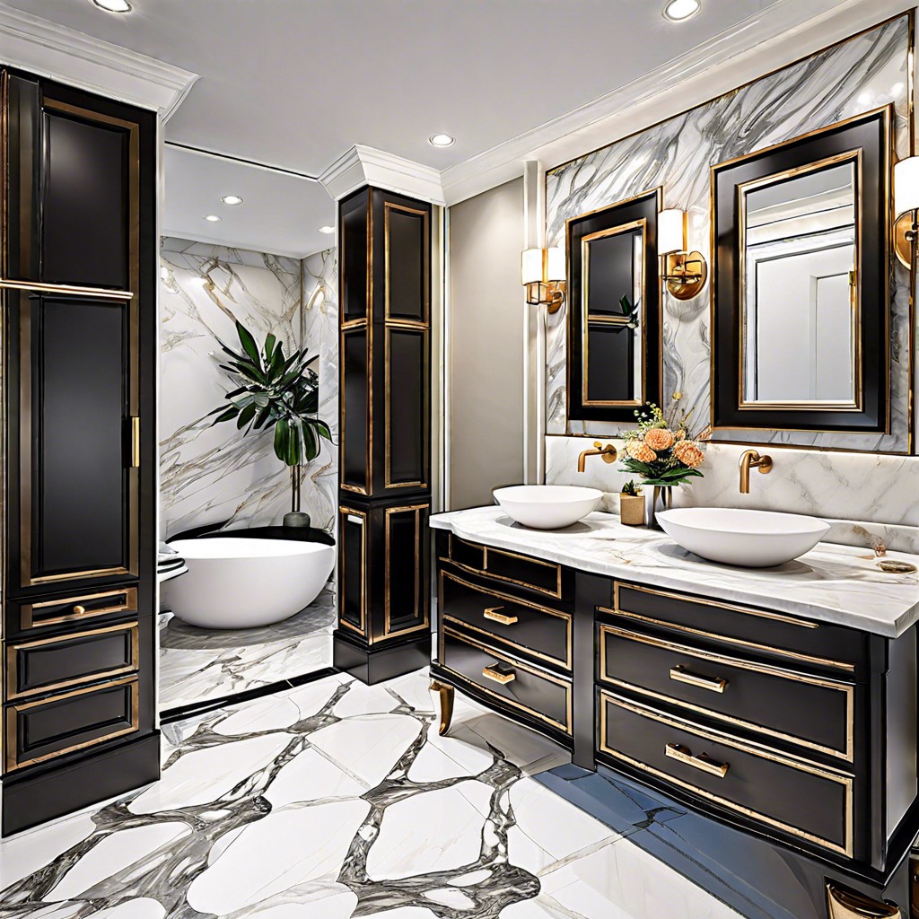 faux marble tiles around the vanity for a touch of elegance