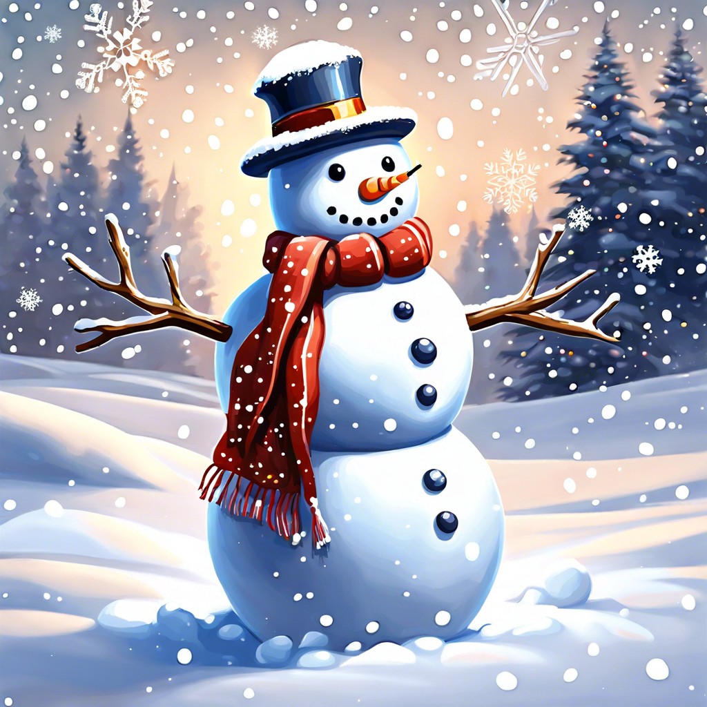 festive snowman with a background of falling snowflakes