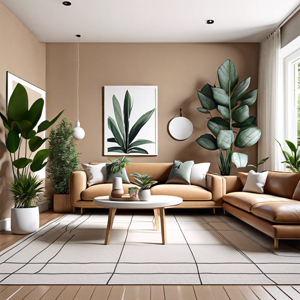 flank the sofa with tall modern plants in simple white pots