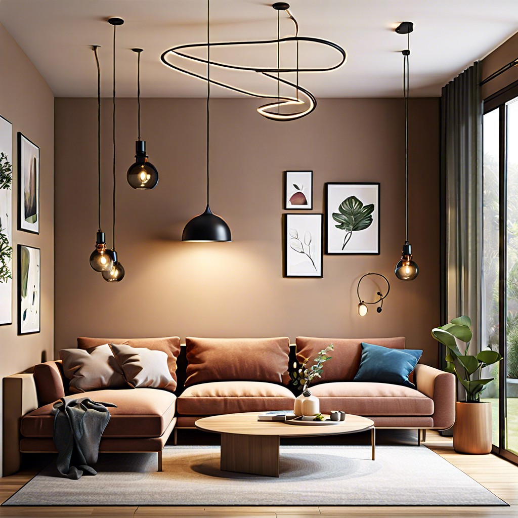 floating corner sofa with low hanging pendant lights