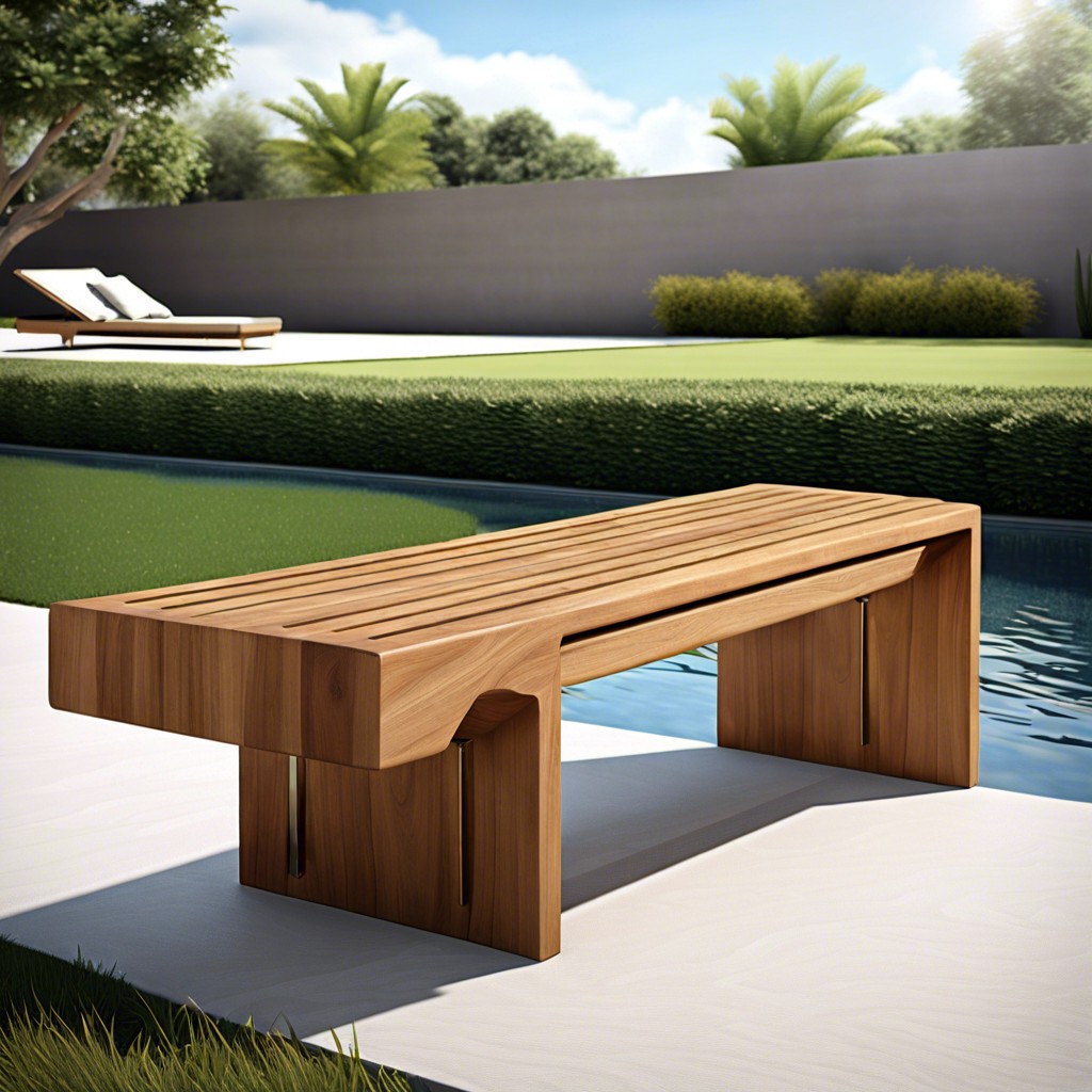 floating teak bench with hidden storage