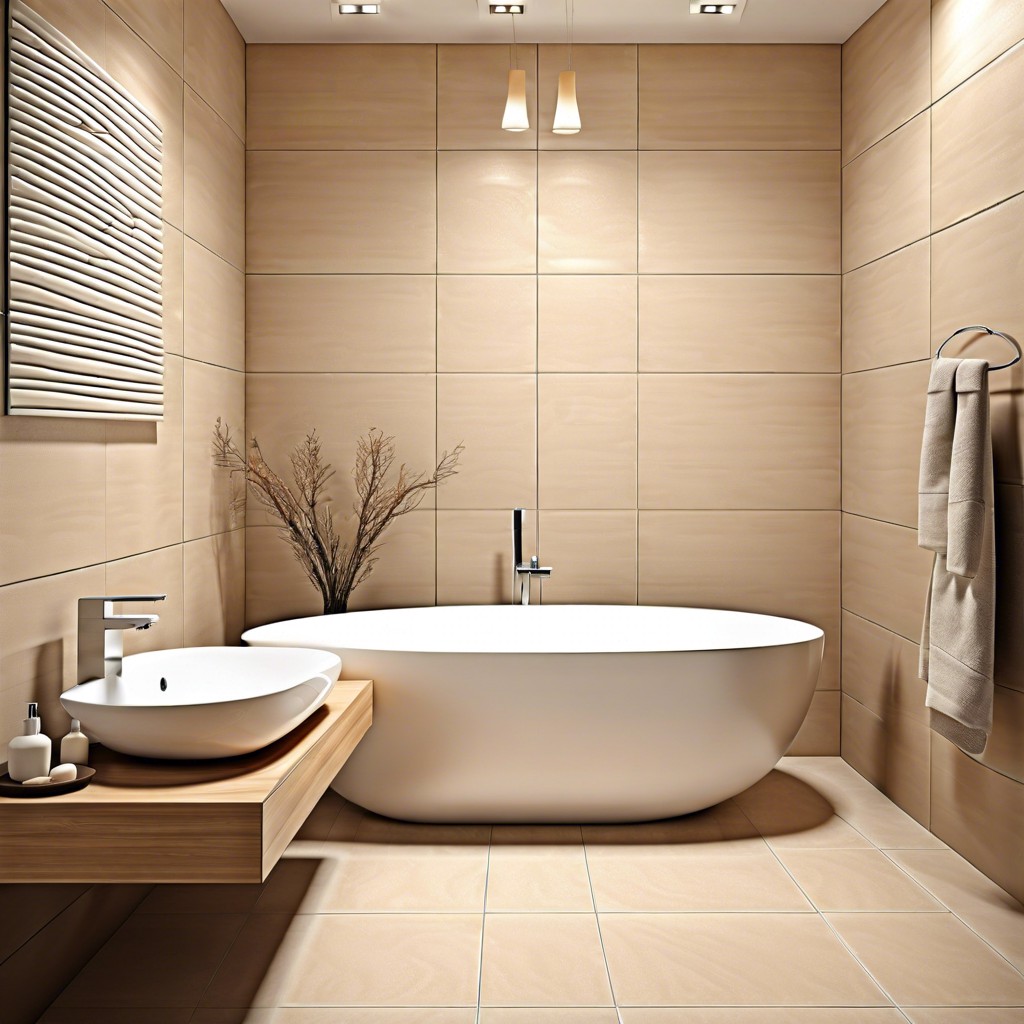 floor to ceiling beige tiles with minimalist fixtures